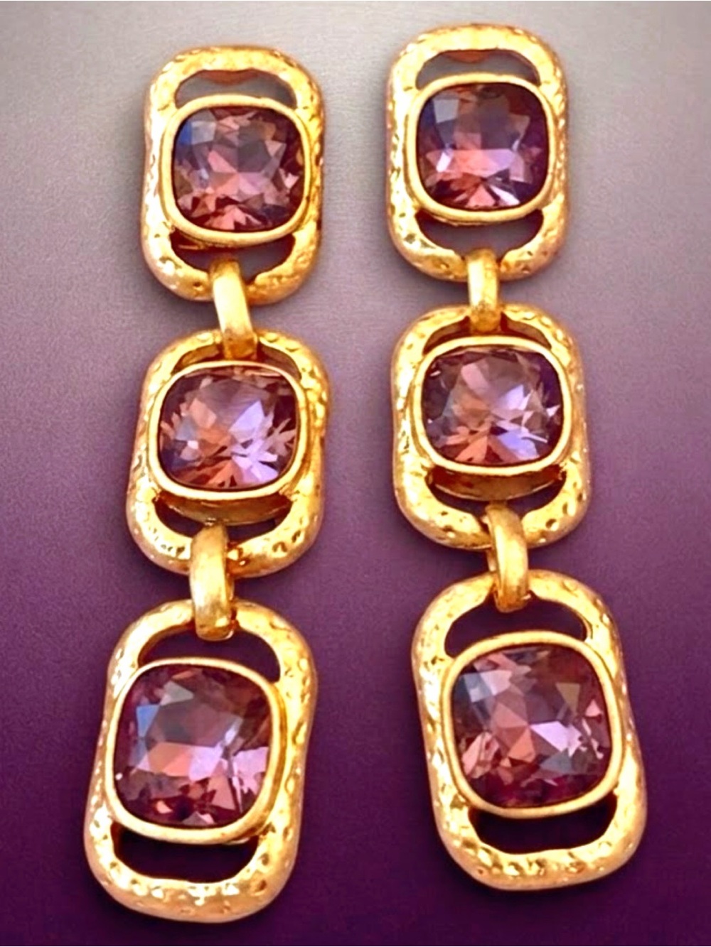 OSCAR DE LA RENTA Amethyst Crystal Earrings✨Gold Triple Drop Rectangles ✨CLIP ON - Picture 5 of 14